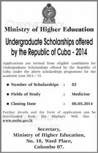 Republic of Cuba Medicine Scholarship for Srilankan Students – Apply on or before 06th May 2014
