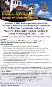 University of Colombo Master of Philosophy (MPhil) Leading to Doctor of Philosophy (PhD) - Applications call now