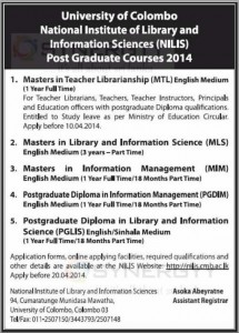 University of Colombo National Institute of Library and Information Sciences (NILIS) Post Graduate Courses 2014