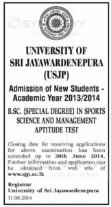 B.Sc. (special degree) in Sports Science and Management, University of Sri Jayewardenepura (USJP) Applications calls for Academic Year 20132014