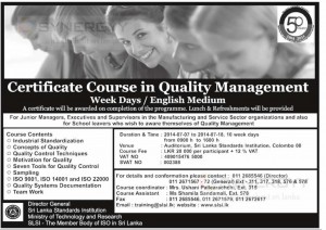 Certificate Course in Quality Management - Week Days  English Medium by Srilanka Standard Institution