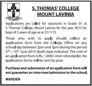 Grade 1 Applications - 2015 intake for S. Thomas' College Mount Lavinia calls now – Apply between 2nd June to 10th June 2014
