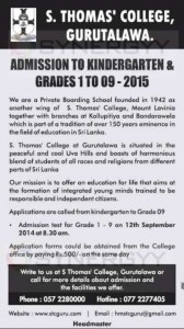 St. Thomas' College, Gurutalawa - Admission to Kindergarten & Grades 1 to 09 – for 2015