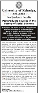 Extension of the period of time of the candidates who had got registered for Master of Arts  Master of Social Sciences courses from 1997 to 2010 of University of Kelaniya, Sri Lanka 