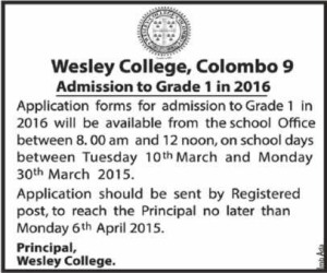 Wesley College Admission to Grade 1 in 2016