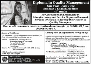 Diploma in Quality Management - One Year Part Time Sundays  English Medium by SLSI