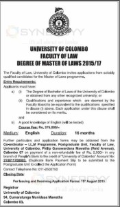 Master of Laws 2015/17 by University of Colombo – Apply on or before 15th August 2015
