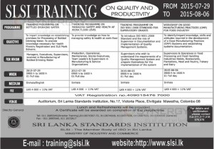 Sri Lanka Standards Institutions (SLSI) Training on Quality and Productivity – from 29th July to 6th August 2015
