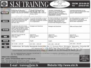 Srilanka Standard Institutions Training from 29th June to 5th July 2016