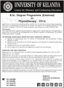 B.Sc. Degree Programme (External) In Physiotherapy – 2016 from University Of Kelaniya