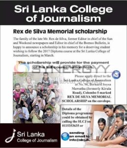 Sri Lanka College of Journalism - Rex de Silva Memorial scholarship