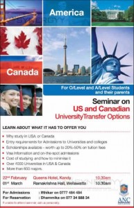 Seminar on USA and Canada University Transfer Options – 22nd at Kandy, 1st at Colombo