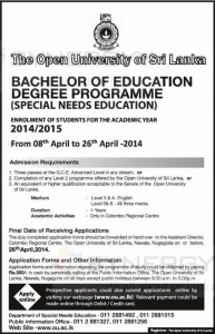 Bachelor of Education Degree Programme by Open University of Sri Lanka – Applications call 26th April 2014