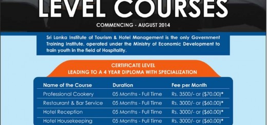 Sri Lanka Institute of Tourism & Hotel Management – Certificate Level Courses Commence on August 2014
