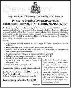 On-line Postgraduate Diploma in Ecotoxicology and Pollution Management by University of Colombo – Applications call Now Apply on or before 29th August 2014
