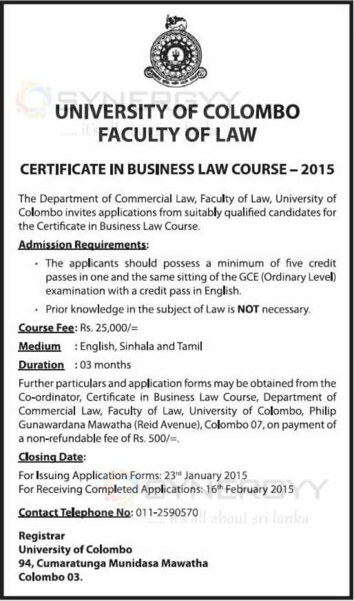 Certificate in Business Law Course – University of Colombo Faculty of Law