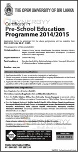 Certificate in Pre-School Education Programme 20142015 by the Open University of Sri Lanka – Application calls now
