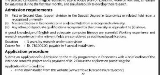 Colombo University PhD in Economics – 2015 – Application Calls now till 6th February 2015