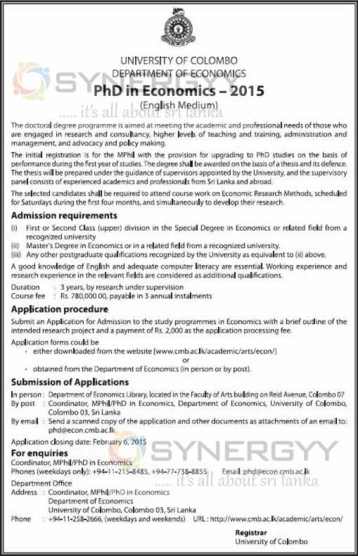 Colombo University PhD in Economics – 2015 – Application Calls now till 6th February 2015