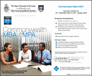 Commonwealth MBA / MPA from The Open University of Sri Lanka – Application Calls now until 30th January 2015