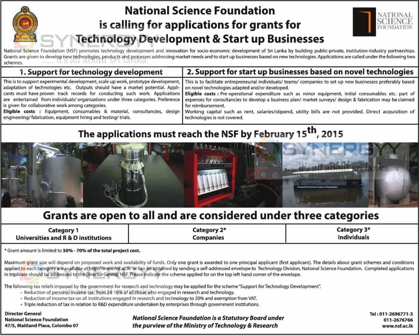 National Science Foundation is calling for applications for grants for Technology Development & Start up Businesses