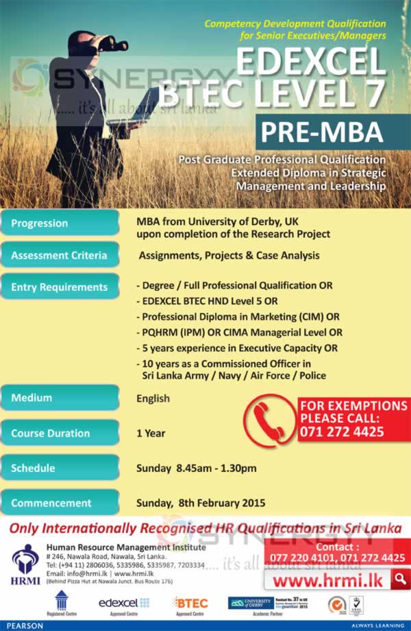 Pre MBA – EDEXCEL BTEC LEVEL 7 – Competency Development Qualification for Senior Executives/Managers