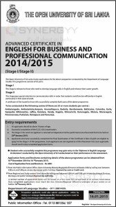 The Open University of Sri Lanka - Advanced Certificate in English for Business and Professional Communication 20142015 (Stage IStage II) – Applications Calls Now