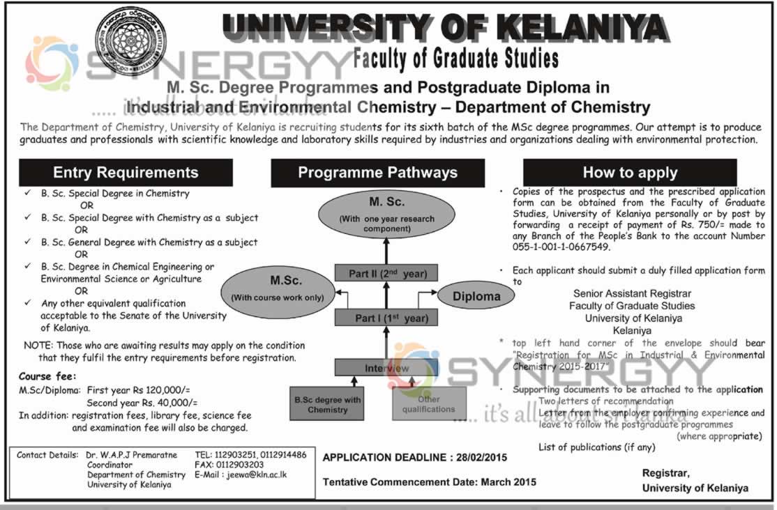 M Sc. In Industrial and Environmental Chemistry from University of Kelaniya – Applications calls now