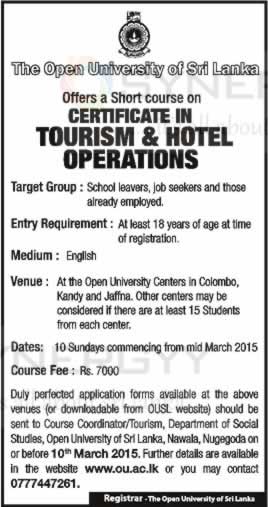 Certificate in Tourism & Hotel Operations from Open University of Sri Lanka