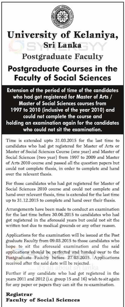 Extension of the period of time of the candidates who had got registered for Master of Arts Master of Social Sciences courses from 1997 to 2010 of University of Kelaniya, Sri Lanka