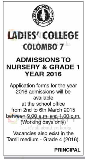Ladies’ College, Colombo 7 Admissions to Nursery & Grade 1 Year 2016