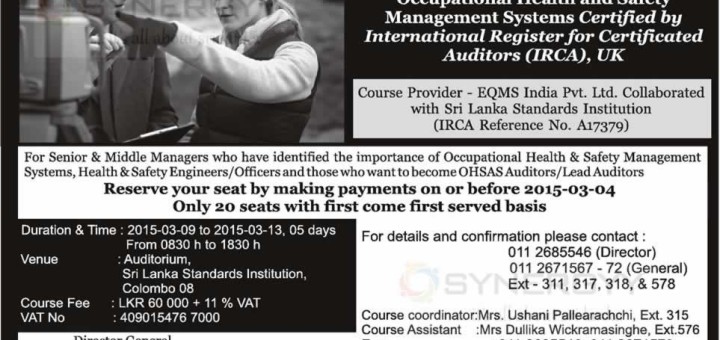 Lead Auditor Course on OHSAS 18001 from Sri Lanka Standards Institution