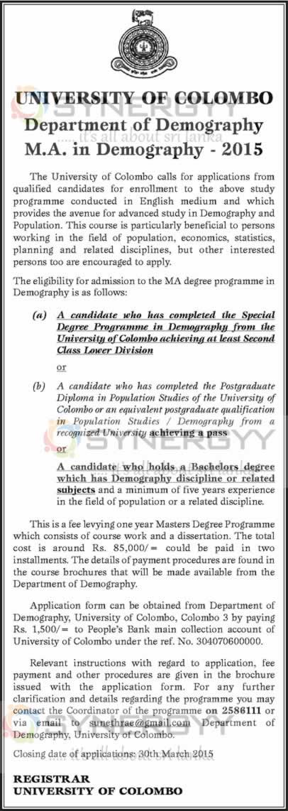University of Colombo M.A. in Demography –Applications calls for 2015 – Submission date 30th March 2015