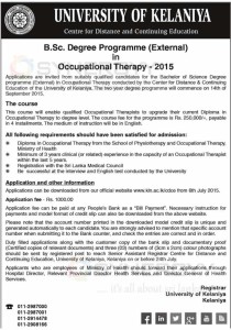 B.Sc. Degree Programme (External) in Occupational Therapy – 2015 from Centre for Distance and Continuing Education- University of Kelaniya
