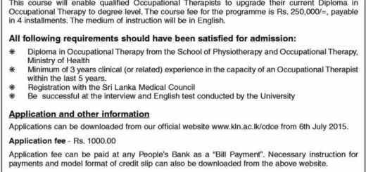 B.Sc. Degree Programme (External) in Occupational Therapy – 2015 from Centre for Distance and Continuing Education- University of Kelaniya