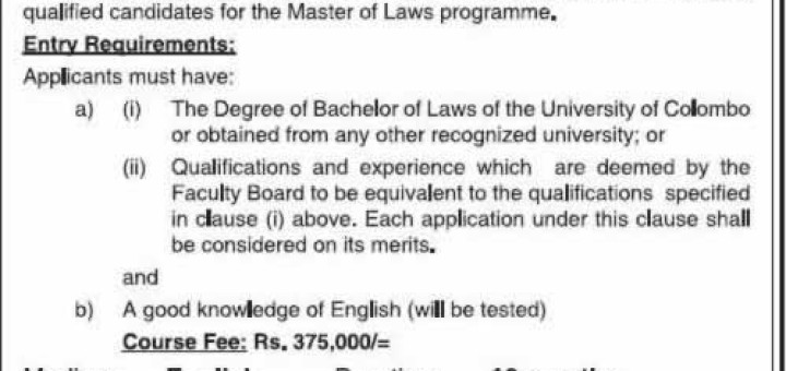 Master of Laws 2015/17 by University of Colombo – Apply on or before 15th August 2015