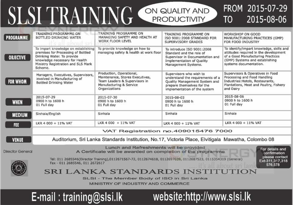 Sri Lanka Standards Institutions (SLSI) Training on Quality and Productivity – from 29th July to 6th August 2015