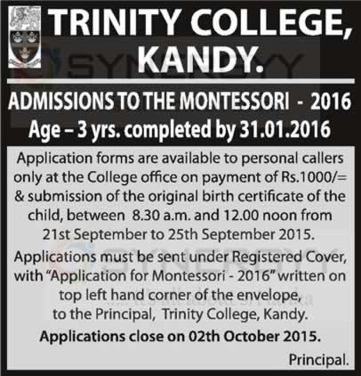 Trinity College, Kandy Montessori Application for 2016