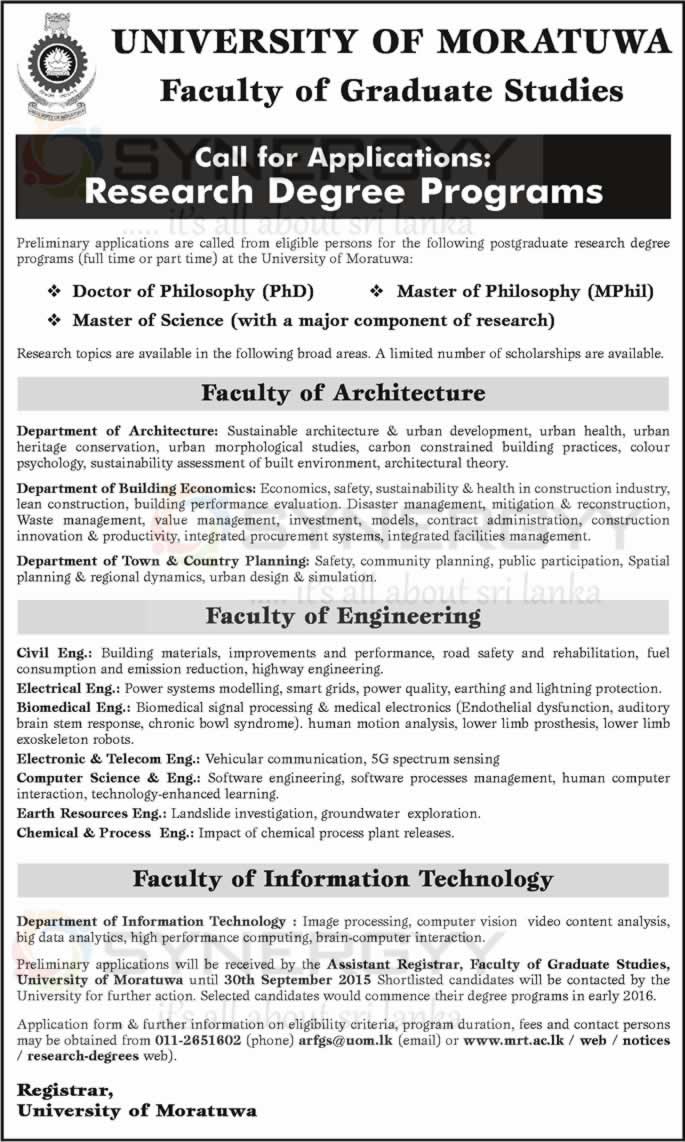 University of Moratuwa Postgraduate Research Degree Programme (PhD and ...