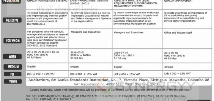 Srilanka Standard Institutions Training from 29th June to 5th July 2016