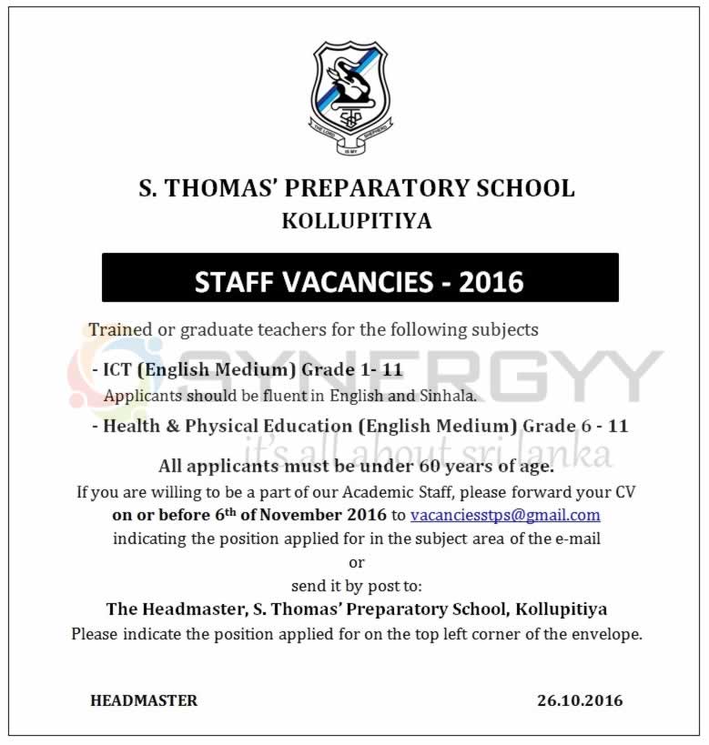 St. Thomas' Preparatory School Kollupitiya – Staff Vacancies