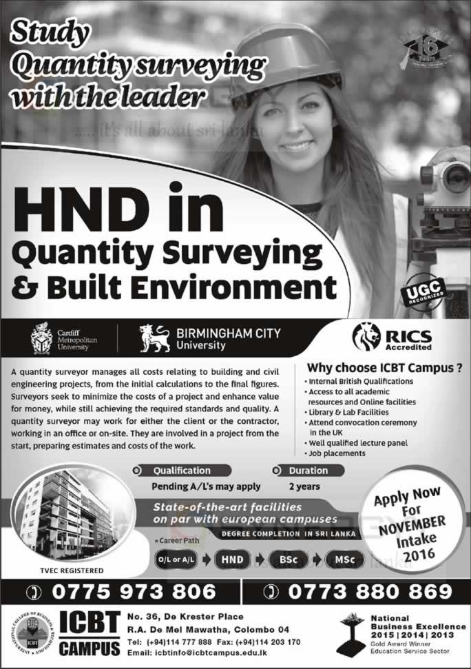 HND in Quantity Surveying \ & Built Environment – ICBT Campus for November 2016 enrollment