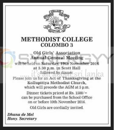 Methodist College Colombo 3 – Old Girls’ Association Annual General ...