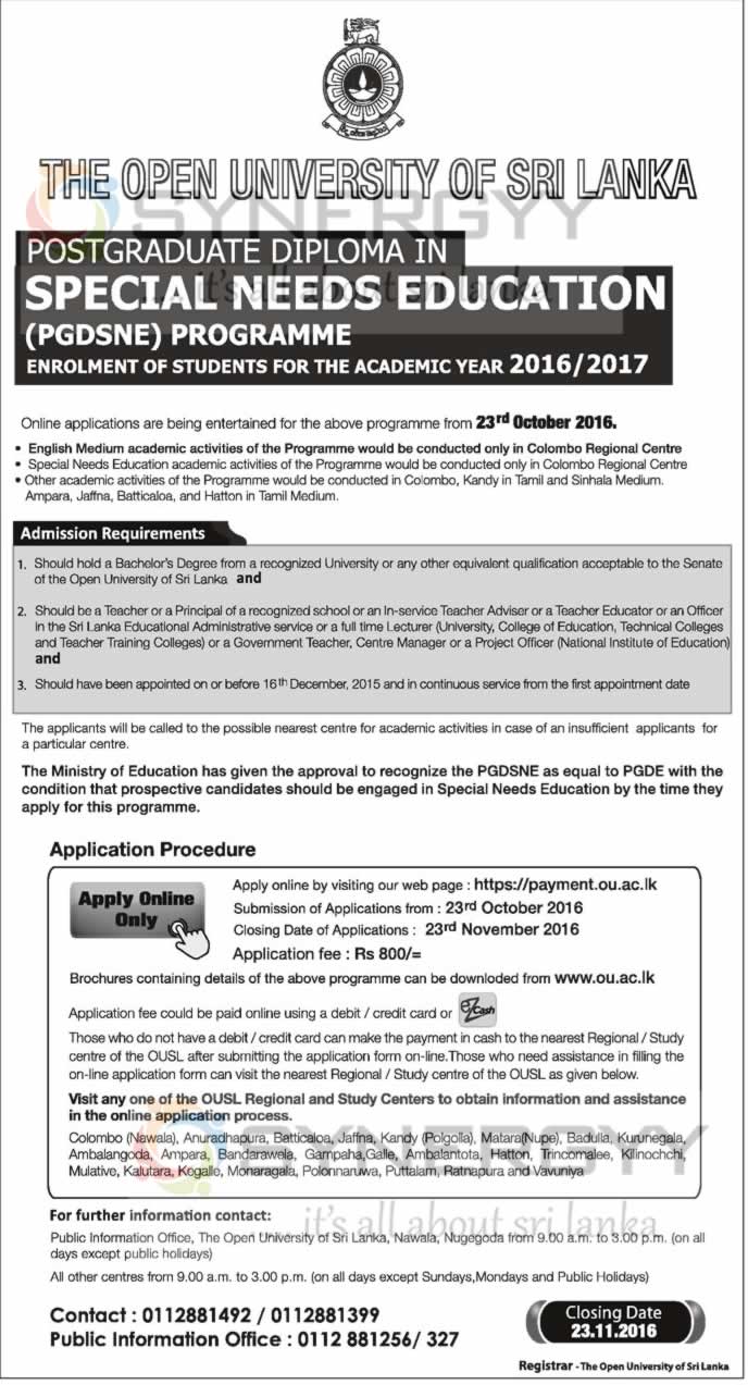 Postgraduate Diploma in Special Needs Education (PGDSNE) Programme for 2016/2017