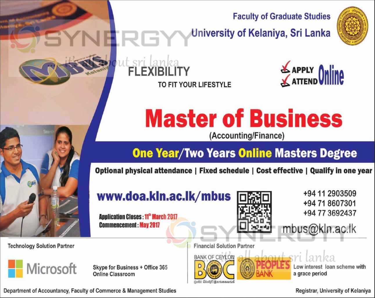 Master of Business (Accounting /Finance) Online degree by University of Kelaniya