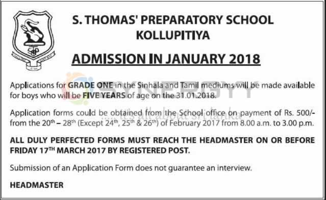 St. Thomas’ Preparatory School, Kollupitiya – Grade one Admission for 2018
