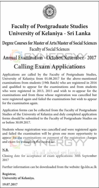 Master of Arts/Master of Social Sciences Faculty of Social Sciences Annual Examination – University of Kelaniya