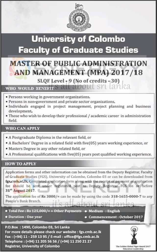 Master of Public Administration and Management (MPA) 2017/18 from University of Colombo Faculty of Graduate Studies