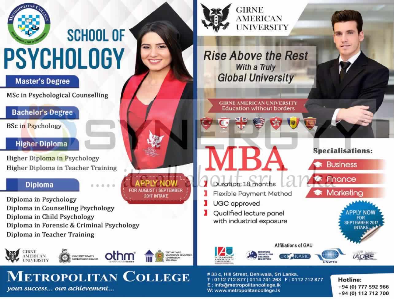 Psychology Diplomas and Degree and MBA Programme by Metropolitan College