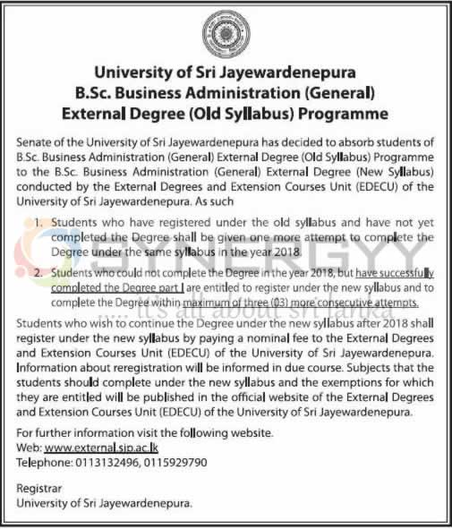 University of Sri Jayewardenepura B.Sc. Business Administration (General) External Degree (Old Syllabus) Programme